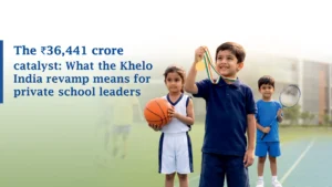 School children with a basketball, medal and badminton racket on a school sports court